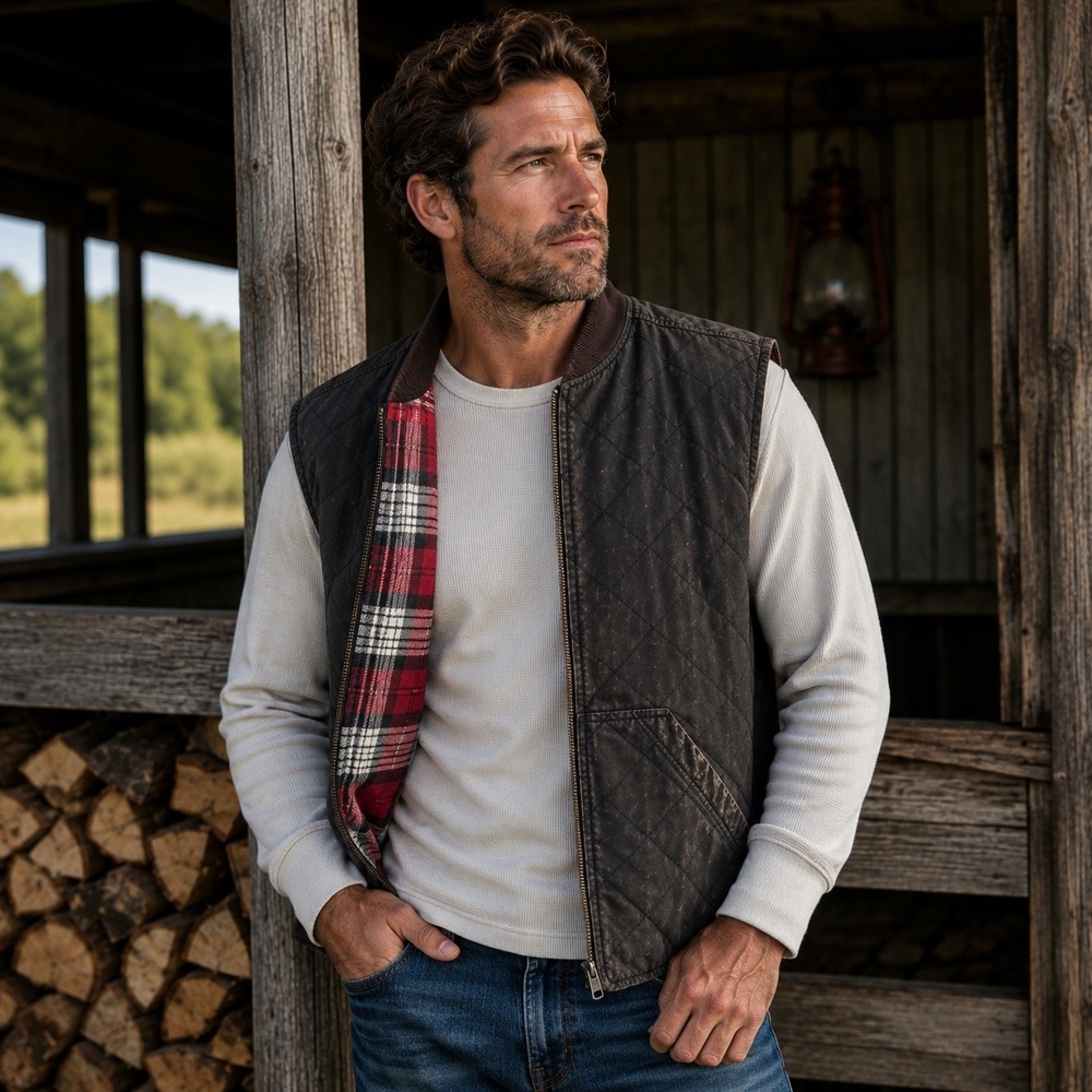 Marlboro Reversible Quilted Flannel Vest Mens Size M Brown Red Plaid